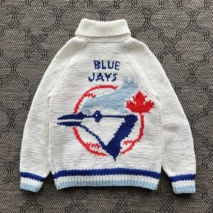 Vintage Blue Jays Cowichan Men's Medium White MLB Acrylic Hand Knit Cardigan‎